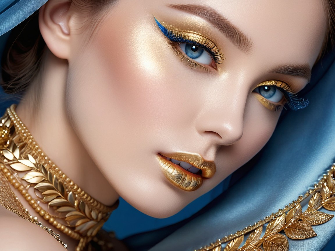 Portrait of a woman with blue eyes and gold makeup