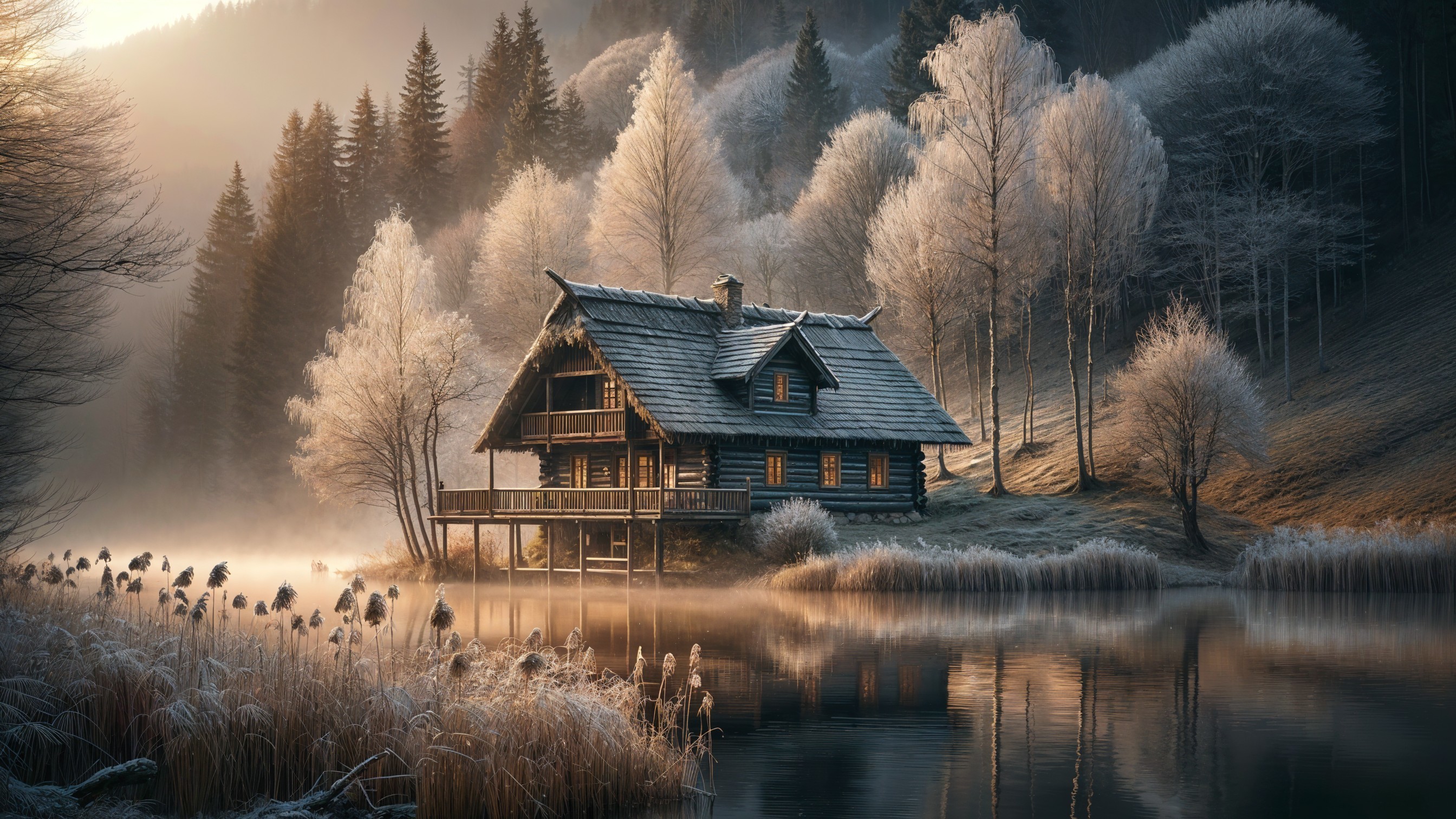 Wooden Cabin by Misty Lake in Winter Landscape