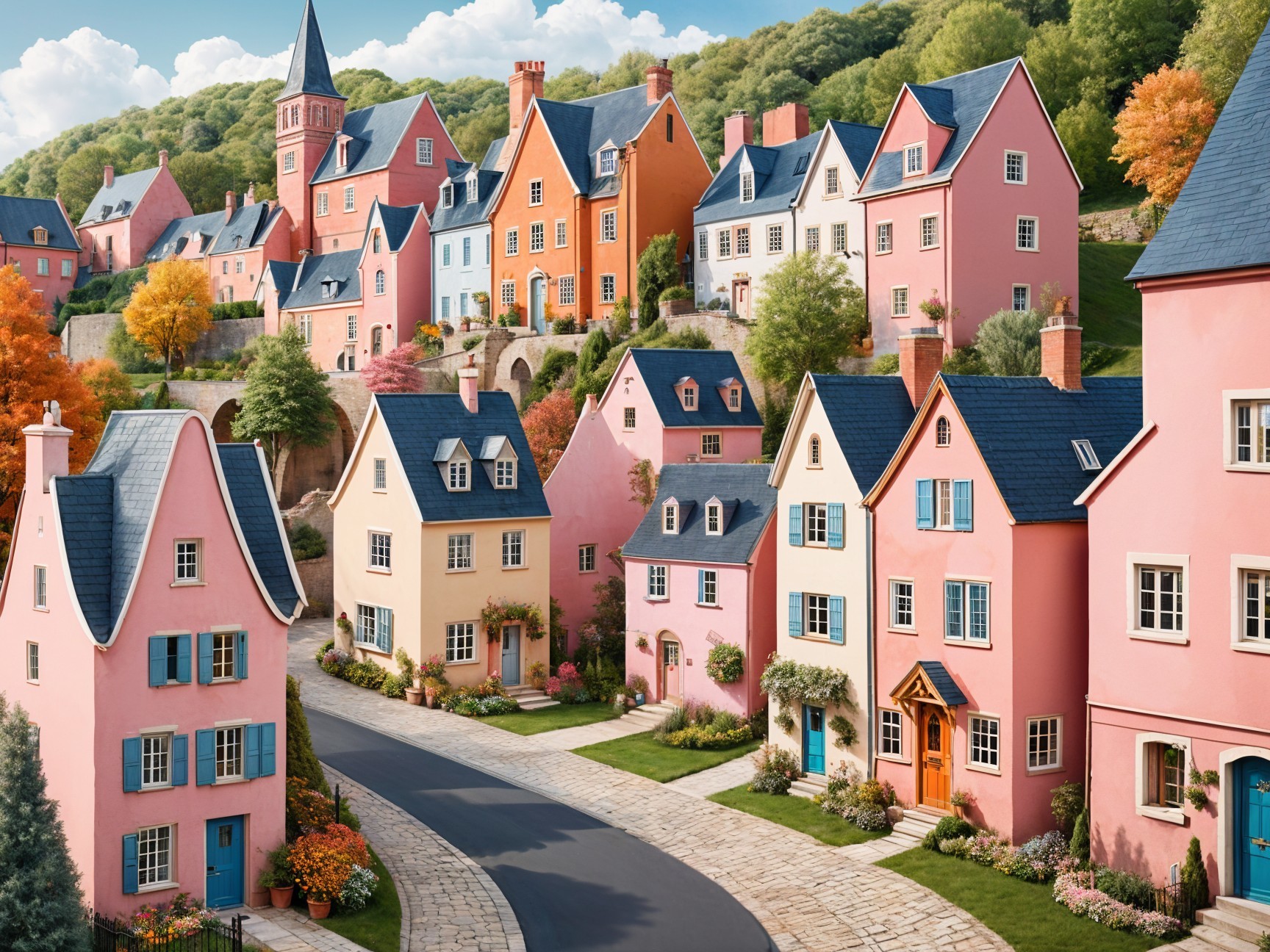 Picturesque Neighborhood with Colorful Pastel Houses