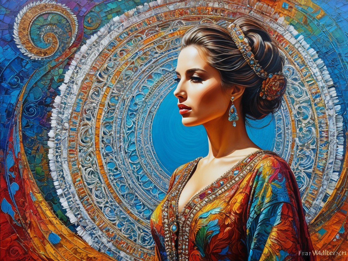 Detailed Portrait of Woman in Ornate Colorful Garment