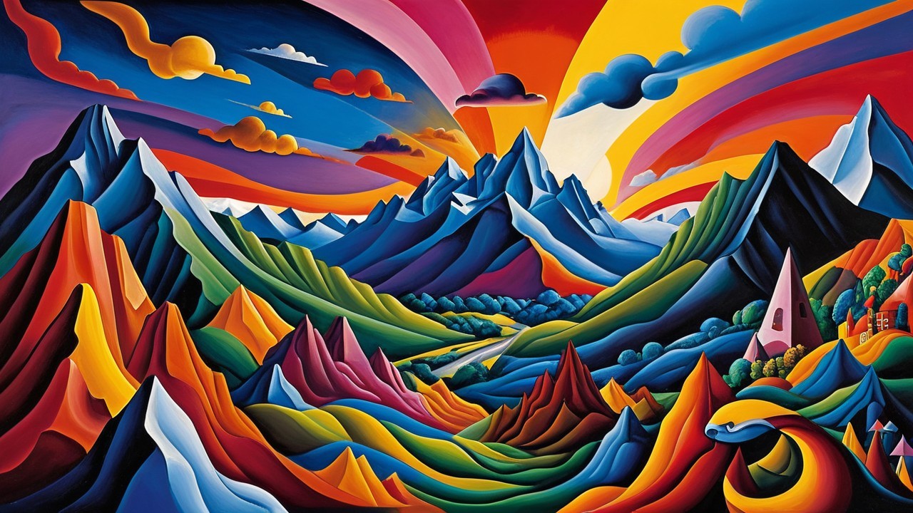 Vibrant Abstract Landscape with Bold Colors and Mountains