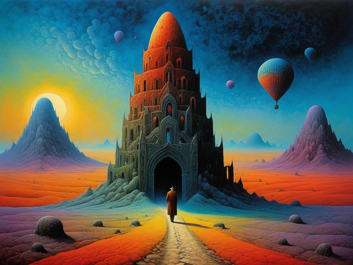 Surreal Landscape with Towering Structure and Balloons