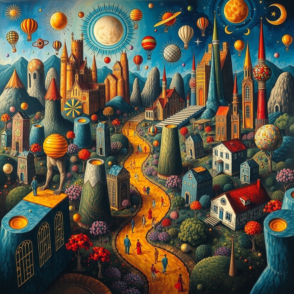 Vibrant Whimsical Landscape with Surreal Elements