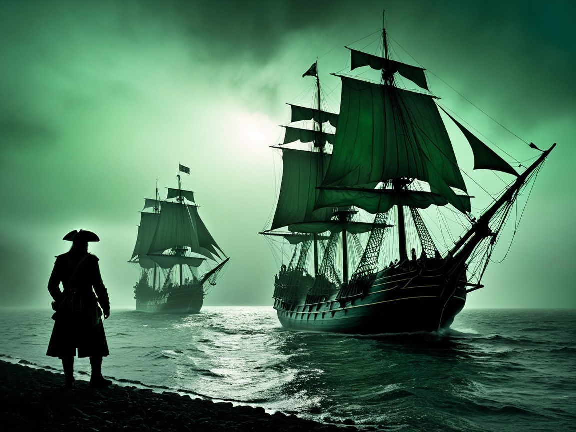 Foggy Shore with Ships and Pirate Figure Silhouette