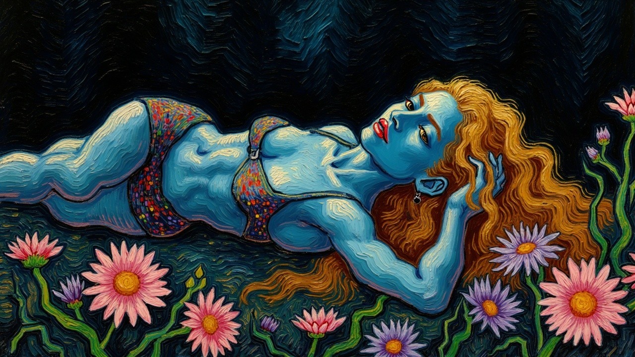 Surreal Blue-Skinned Figure Among Pink Water Lilies