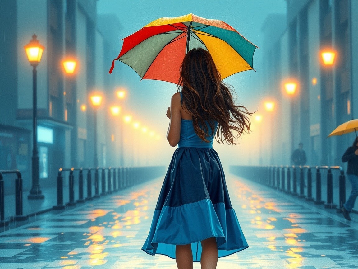 Woman with Umbrella on Misty Rainy Street