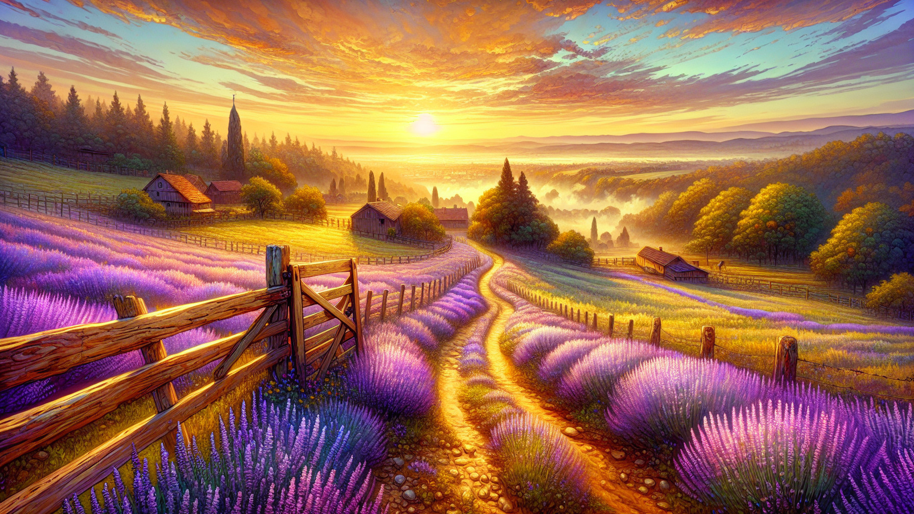 Vibrant Lavender Fields at Sunrise with Cottages