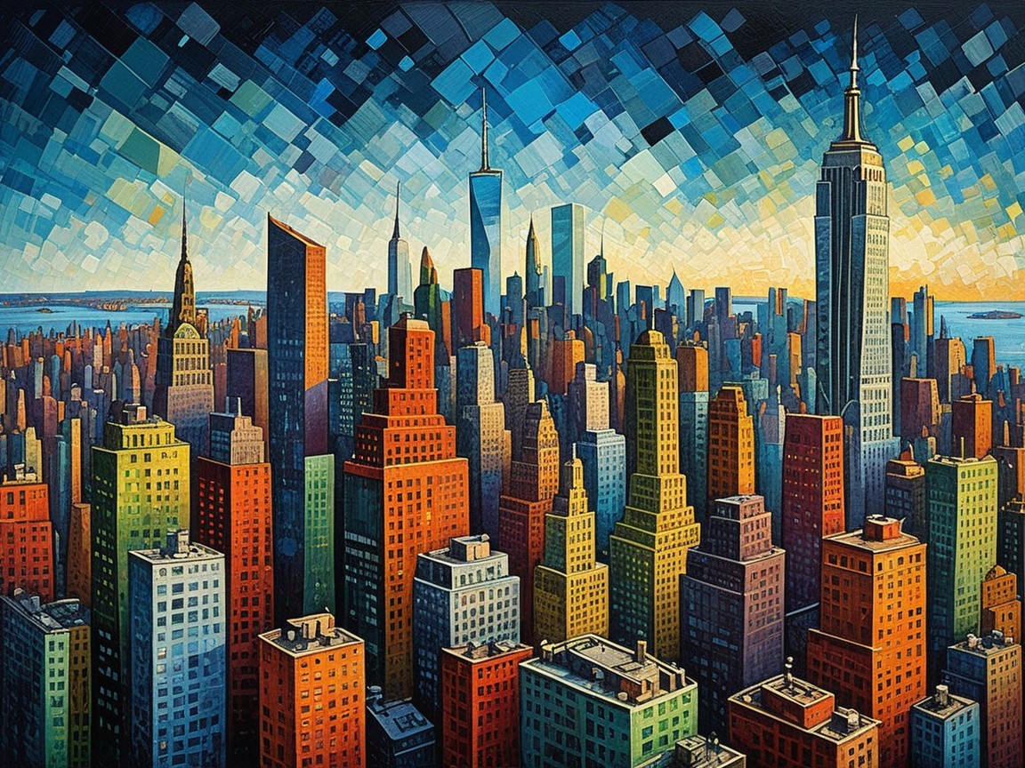 Vibrant city skyline with modern and historic architecture