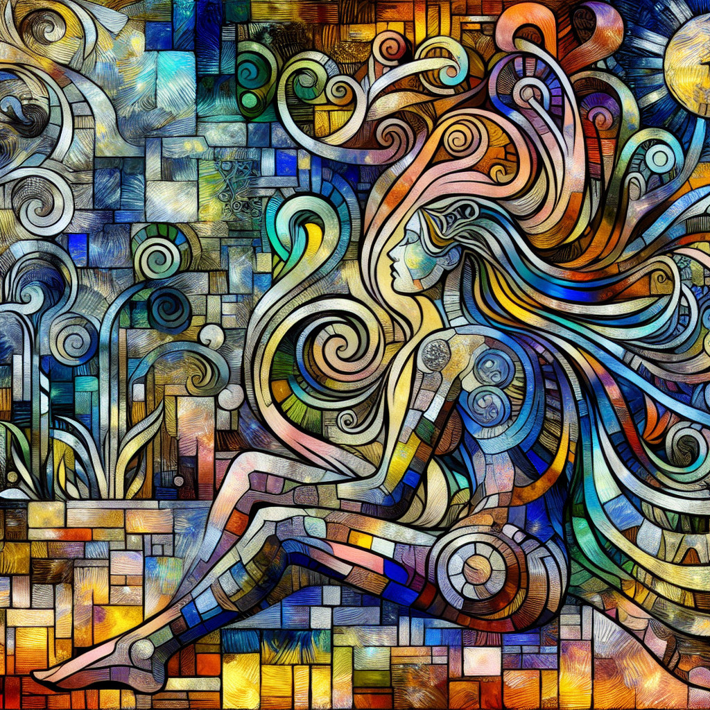 Stylized Woman in Vibrant Abstract Patterns and Shapes