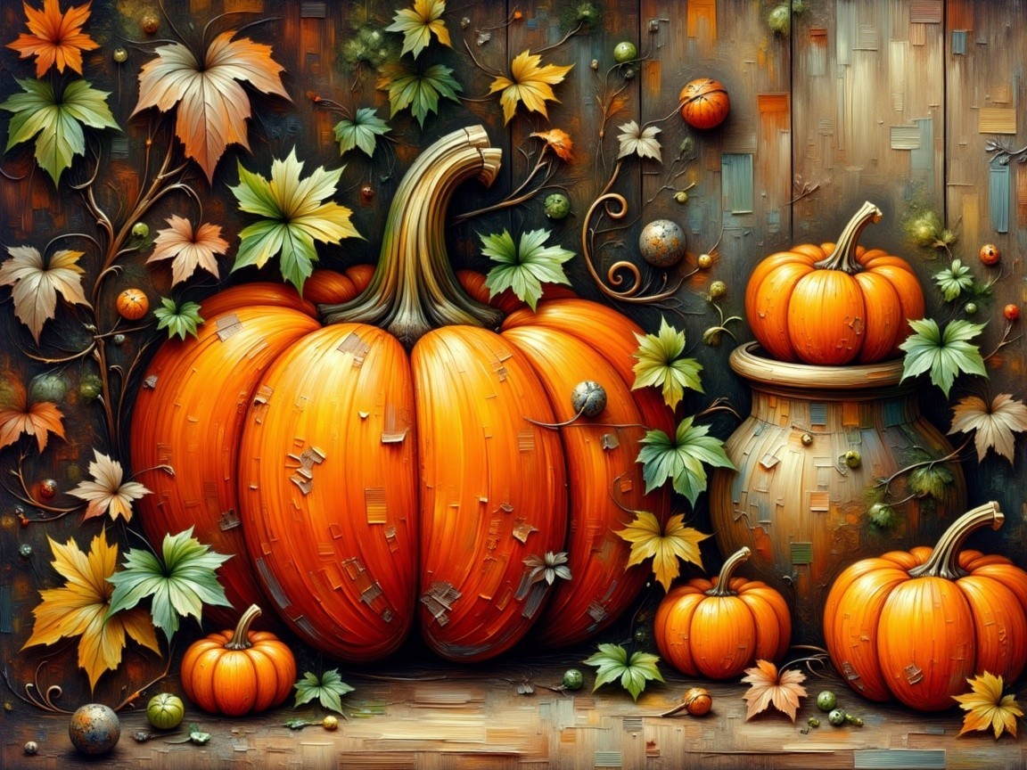 Vibrant Autumn Scene with Pumpkins and Leaves