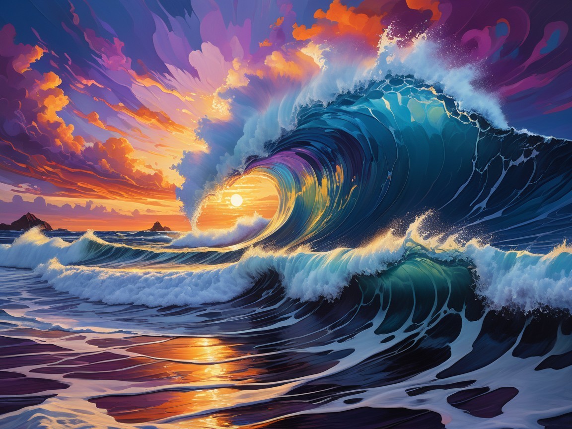 Vibrant Ocean Wave Under Sunset Colors