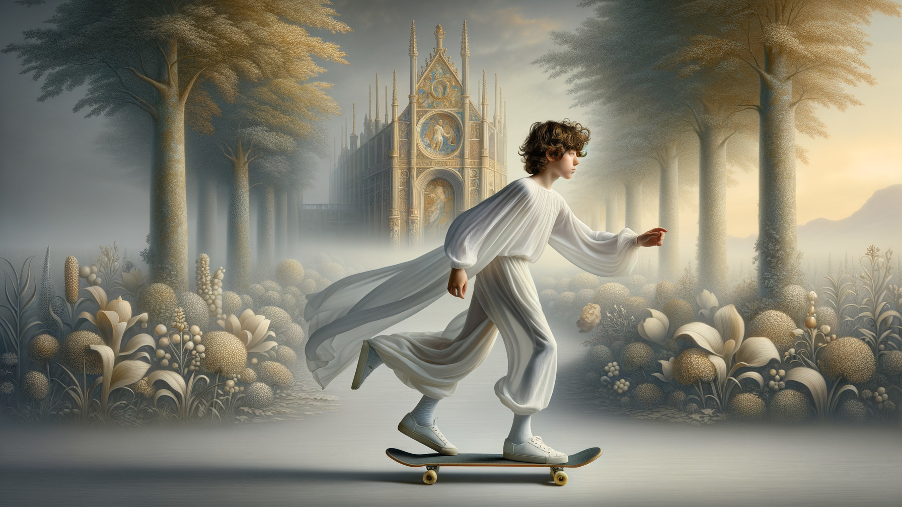 Child in White Garments Skateboarding in Surreal Landscape