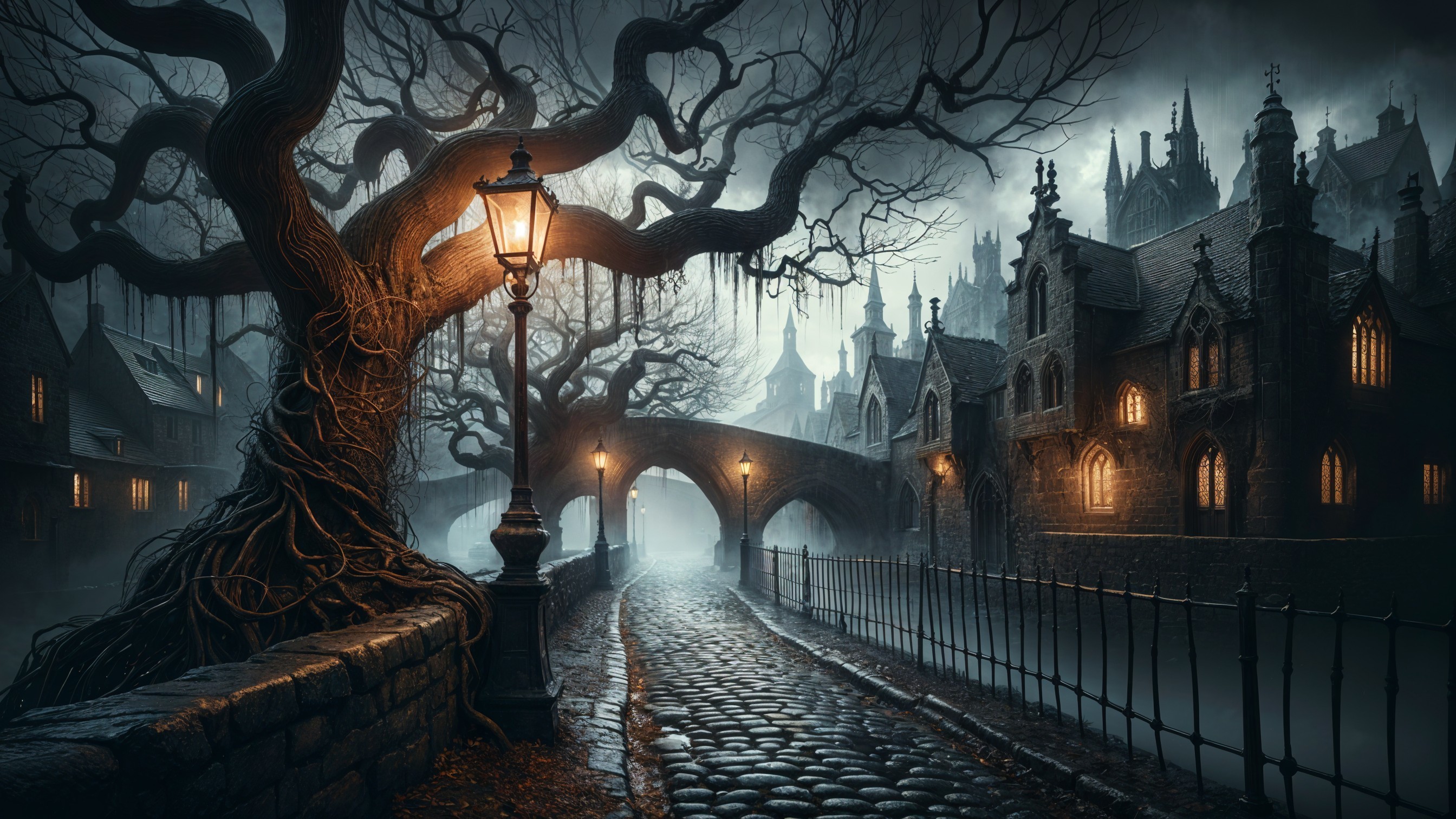 Winding Cobblestone Path Under Vintage Lamppost