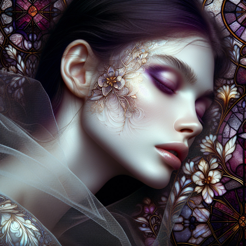 Portrait of a woman with floral face designs and stained glass