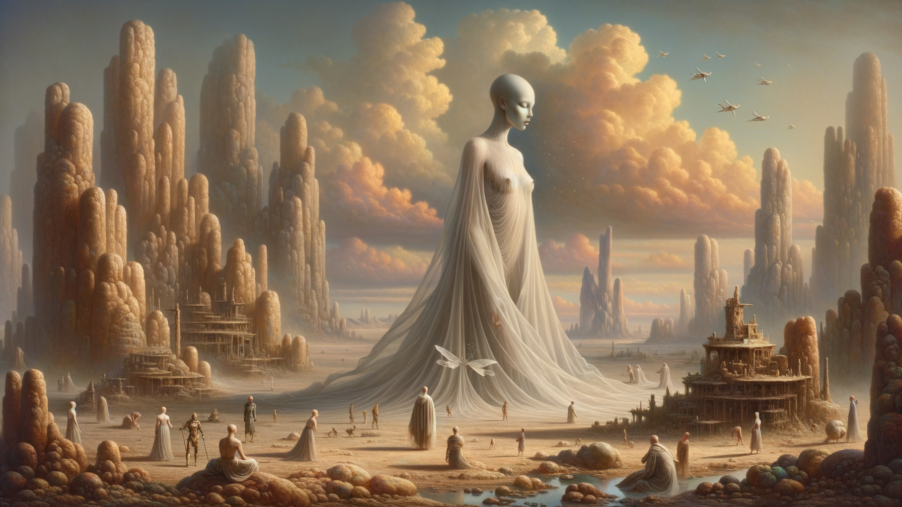 Surreal Landscape with Towering Figure and Aircraft
