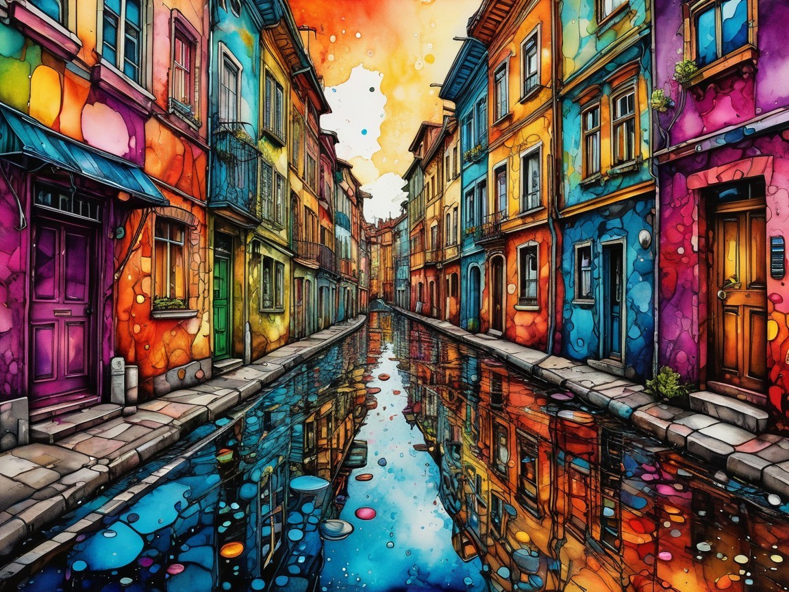 Vibrant Alleyway with Colorful Houses and Canal