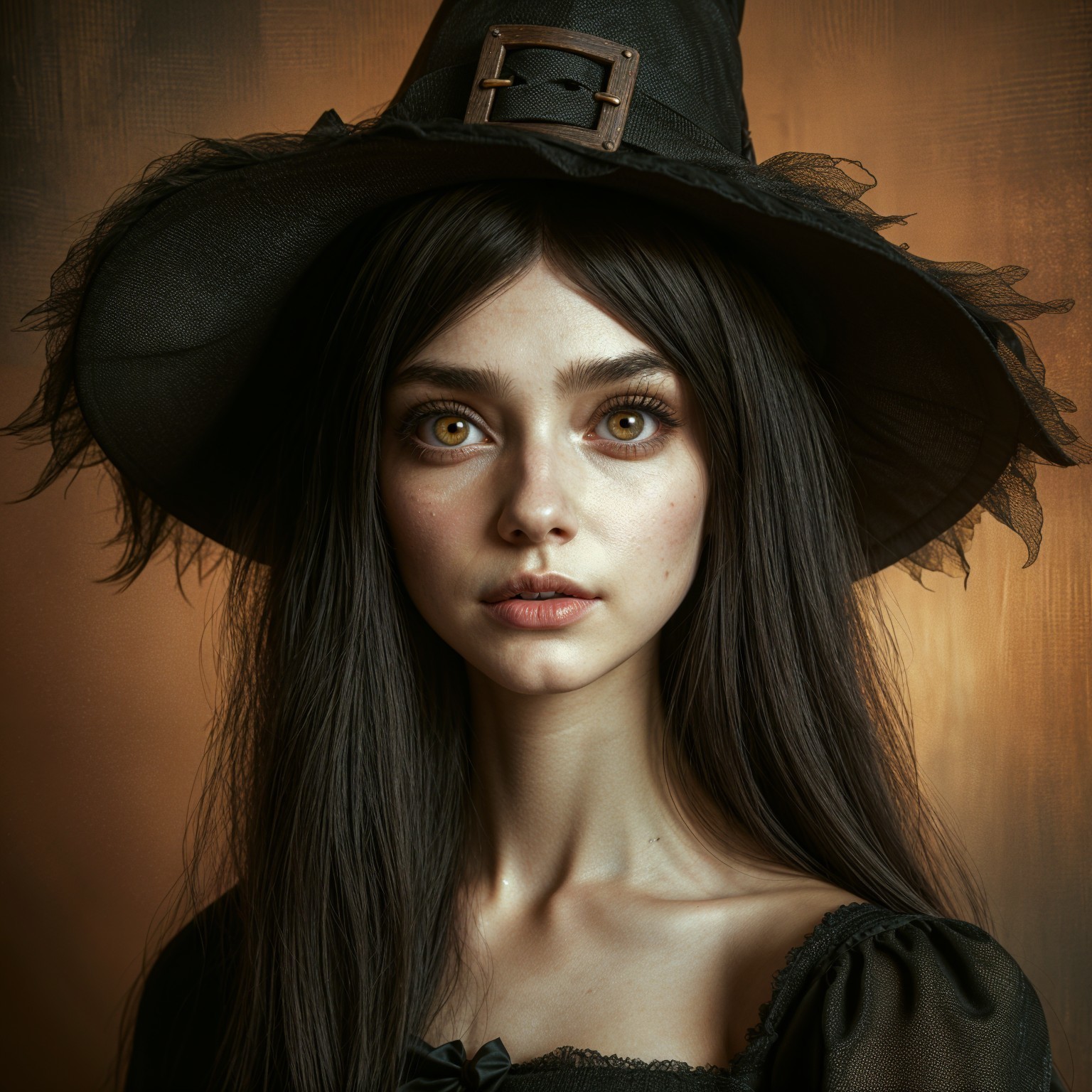 Young Woman in Black Witch's Hat with Sheer Veil