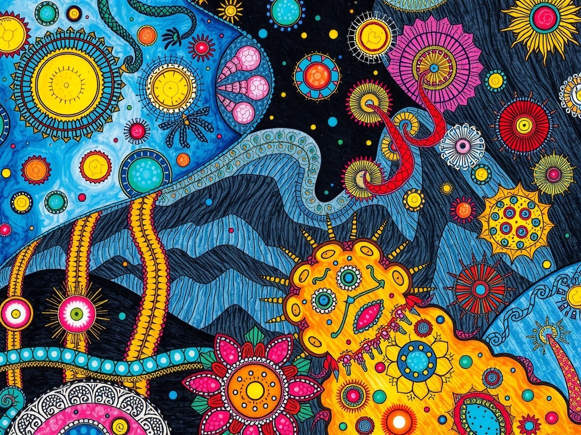 Vibrant Whimsical Landscape with Abstract Elements