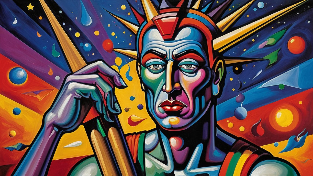Stylized figure with crown and vibrant cosmic background