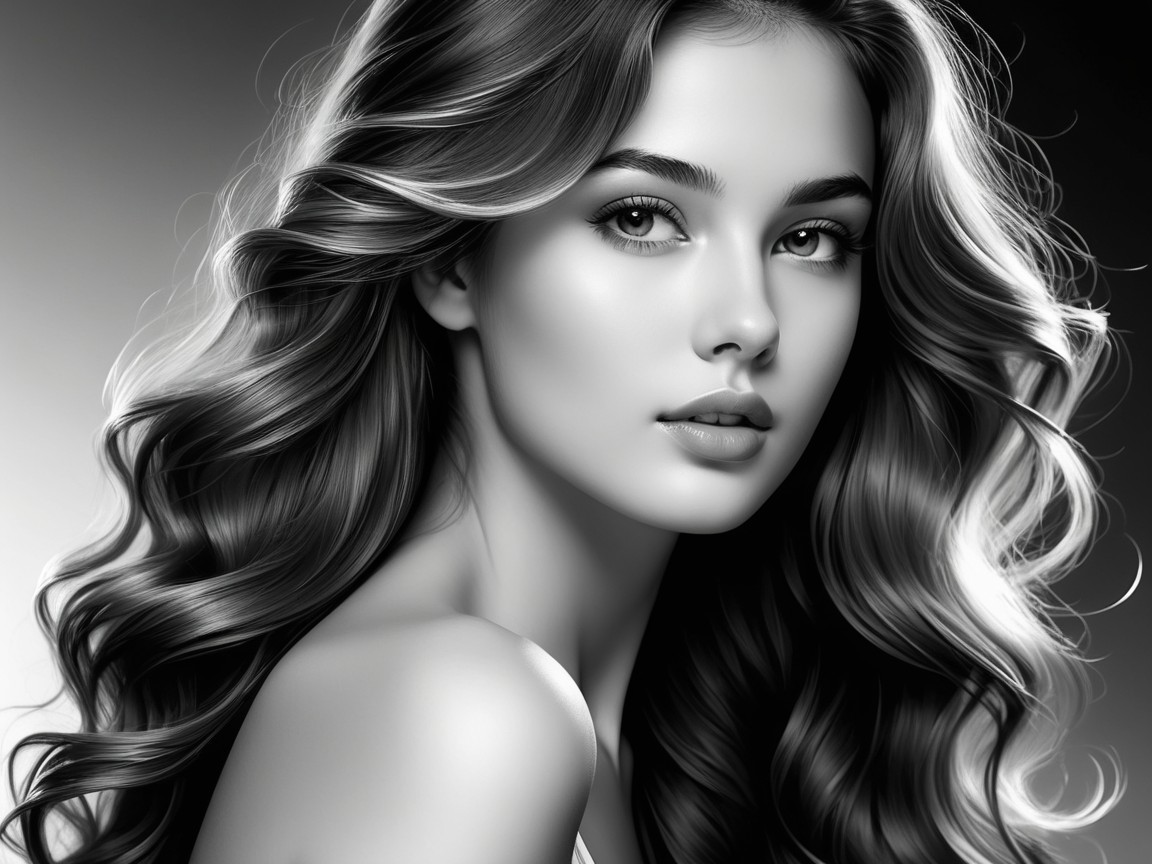 Black and White Portrait of a Young Woman with Curly Hair