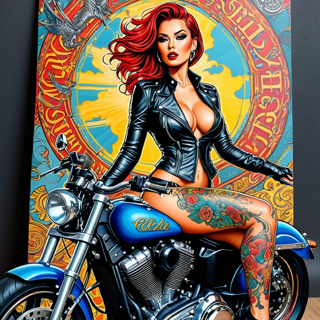 Illustration of a Confident Woman on a Blue Motorcycle