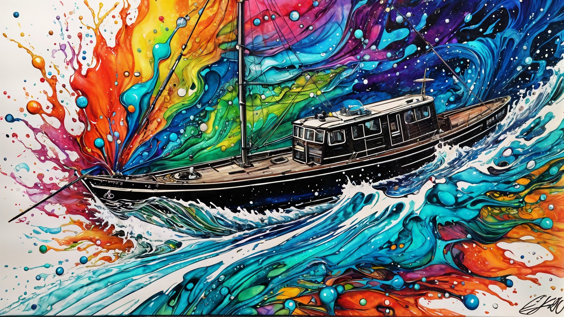 Vibrant Painting of a Boat Amidst Colorful Waves