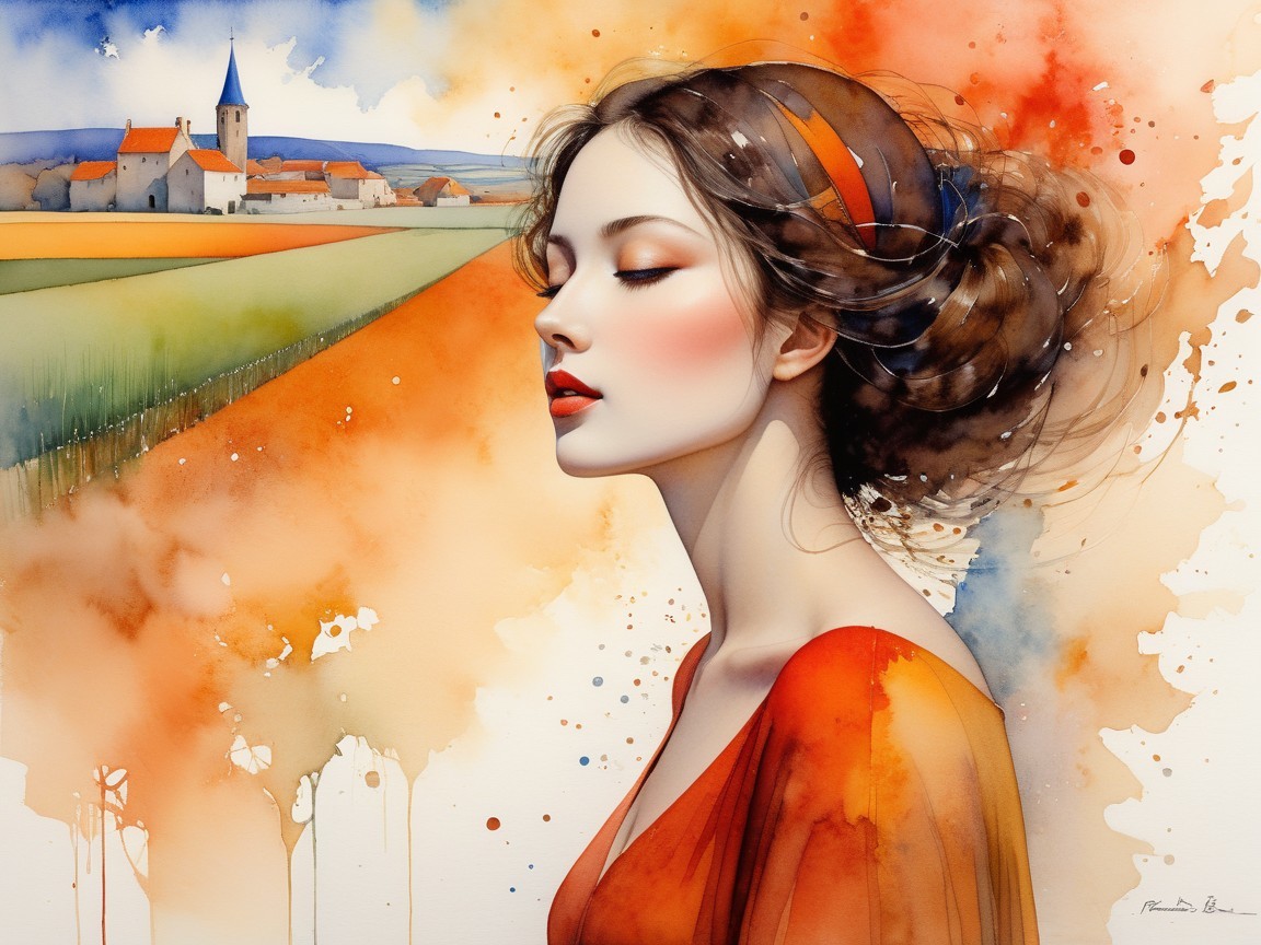 Watercolor Painting of Young Girl in Vibrant Landscape