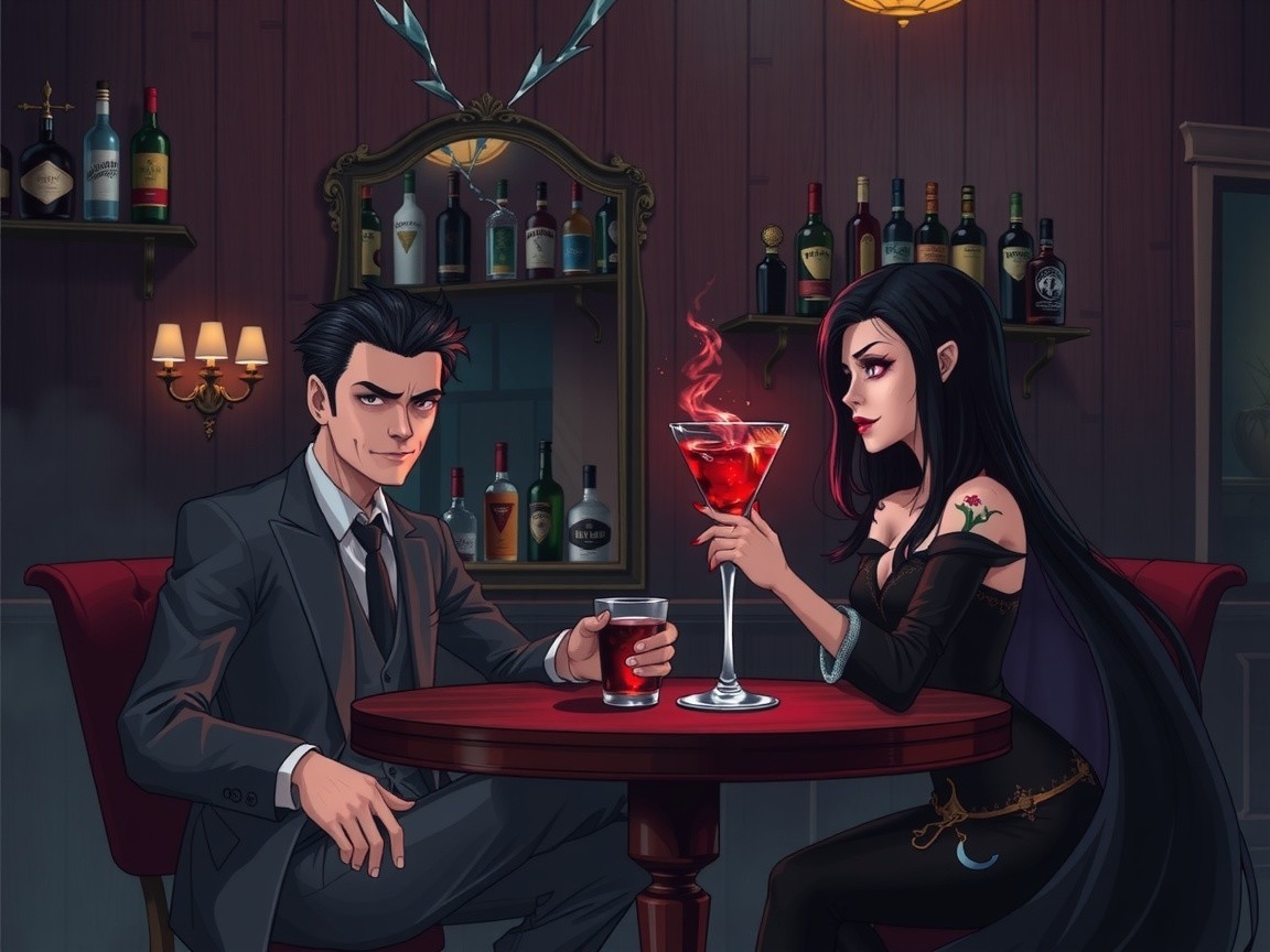 Vintage Bar Scene with Suave Man and Gothic Woman