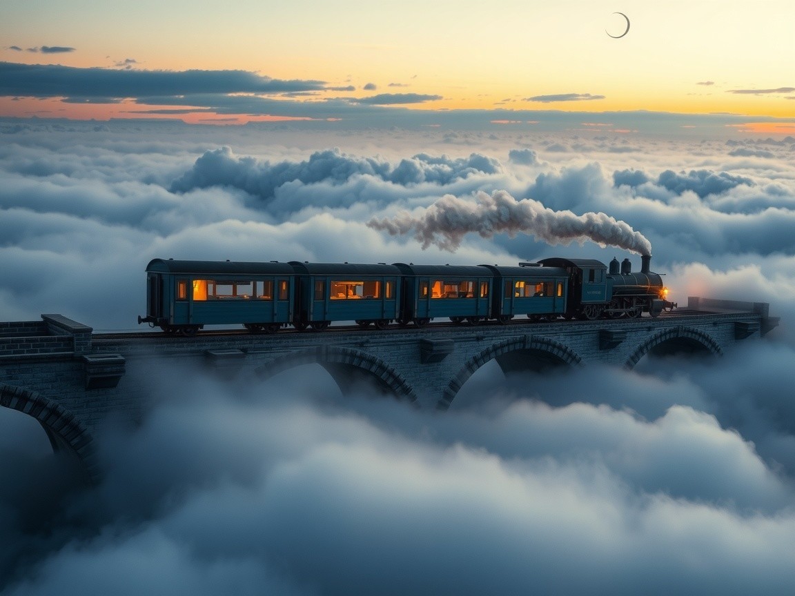 Vintage Steam Train Crossing a Stone Viaduct at Twilight