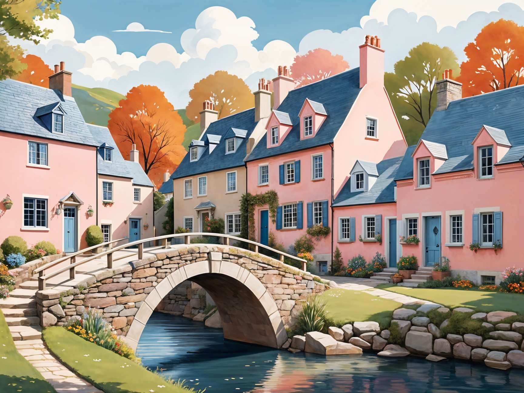Pastel Houses and Stone Bridge in a Village Scene
