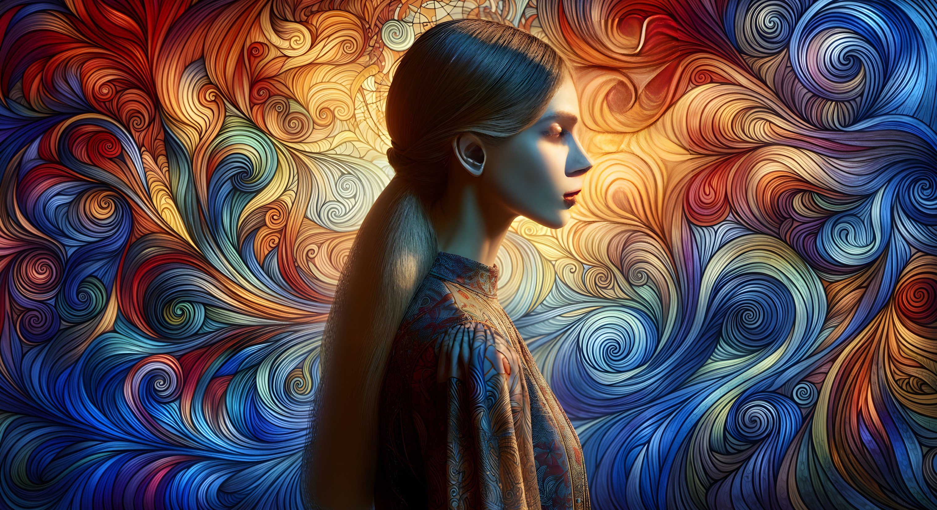 Profile of a Woman with Long Hair Against Colorful Background