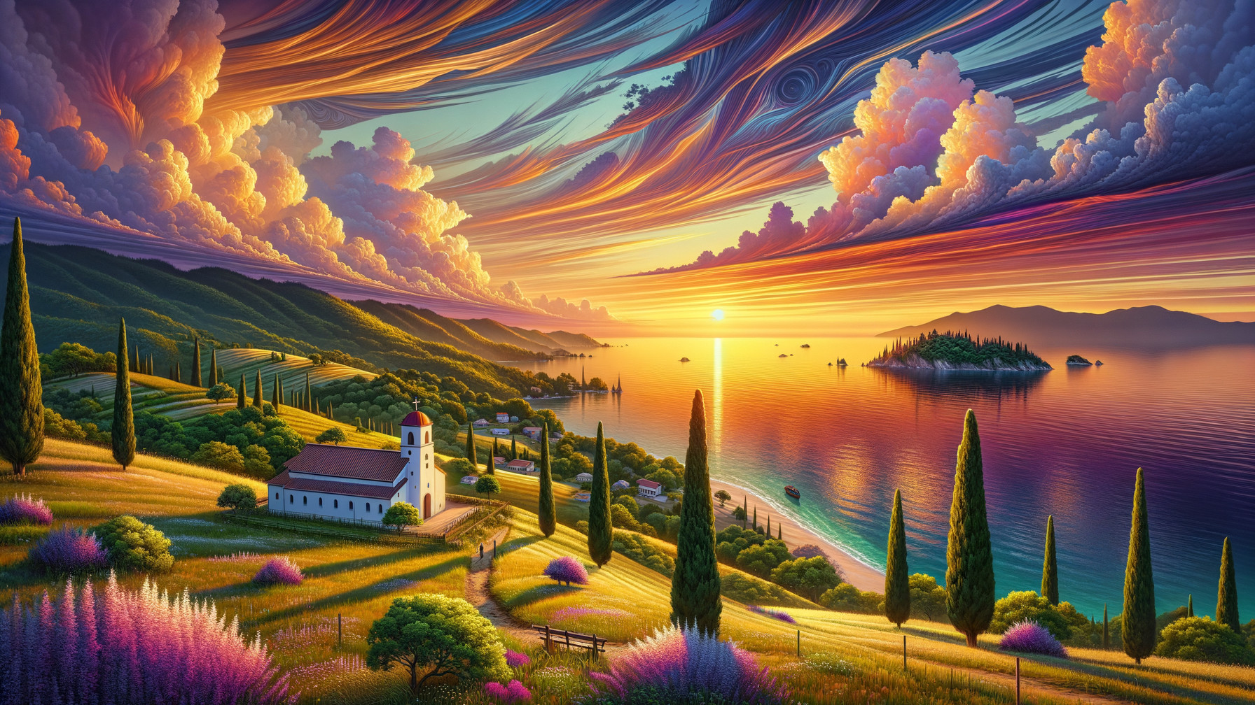 Vibrant Sunset Landscape with Chapel and Sea