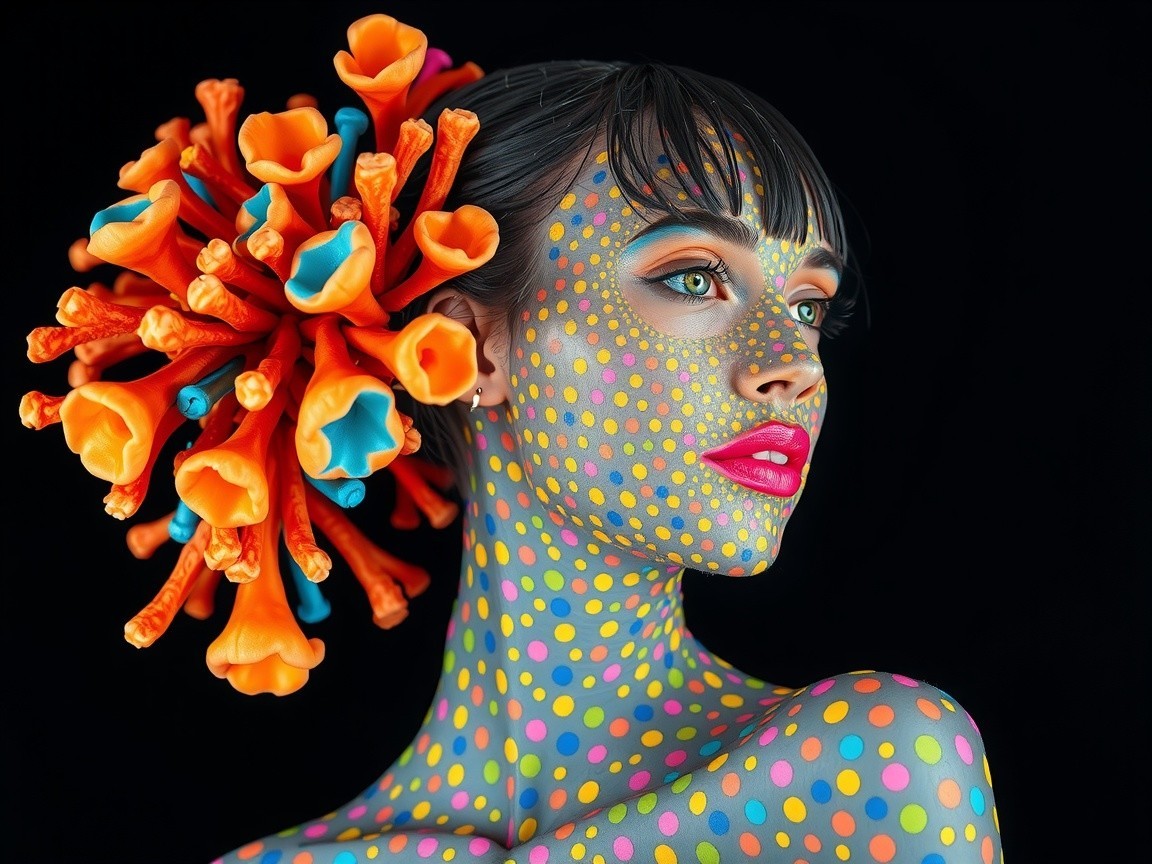 Vibrant Body Painting with Bold Makeup and Accessories