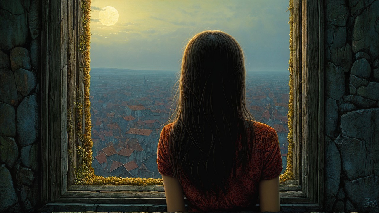 Young Woman Gazing from Stone Window at Moonlit Village