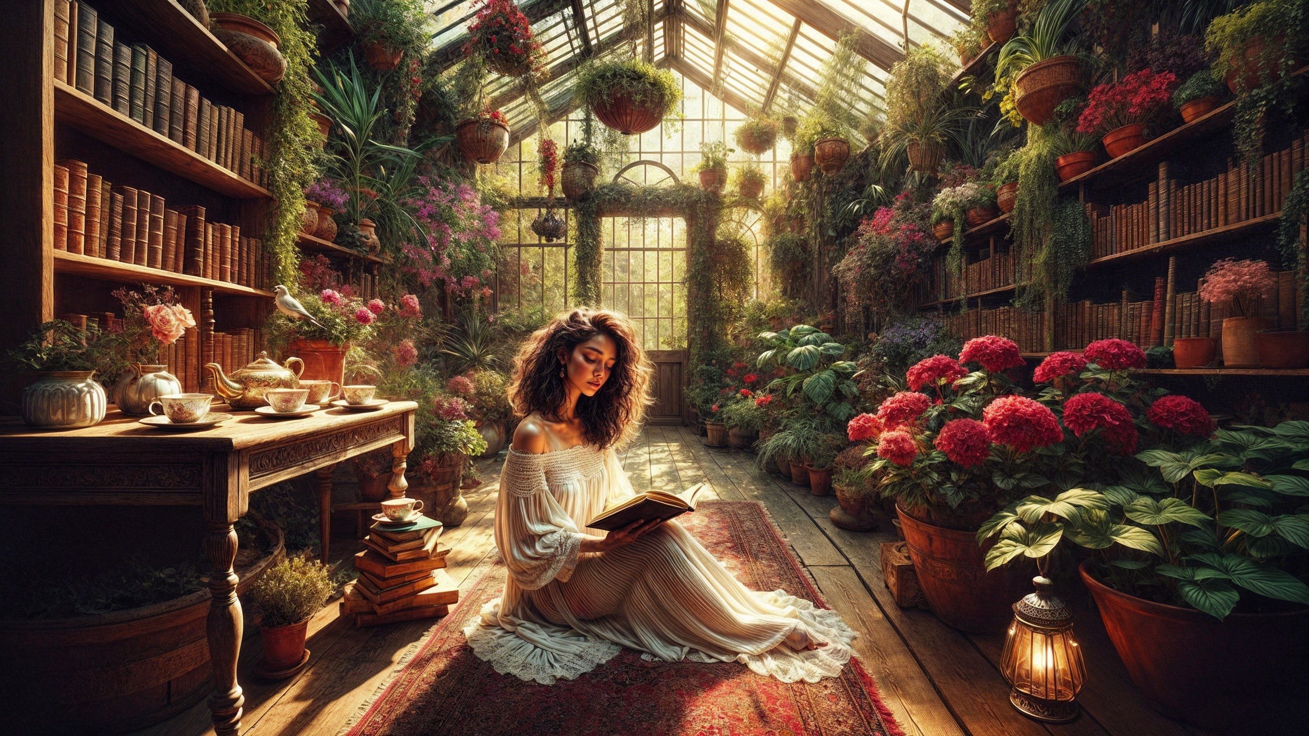 Sunlit Greenhouse with Flowers and Reading Woman
