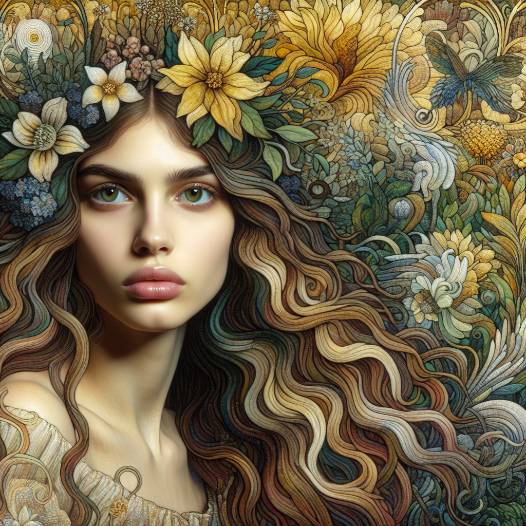 Portrait of a woman with floral hair and vibrant background
