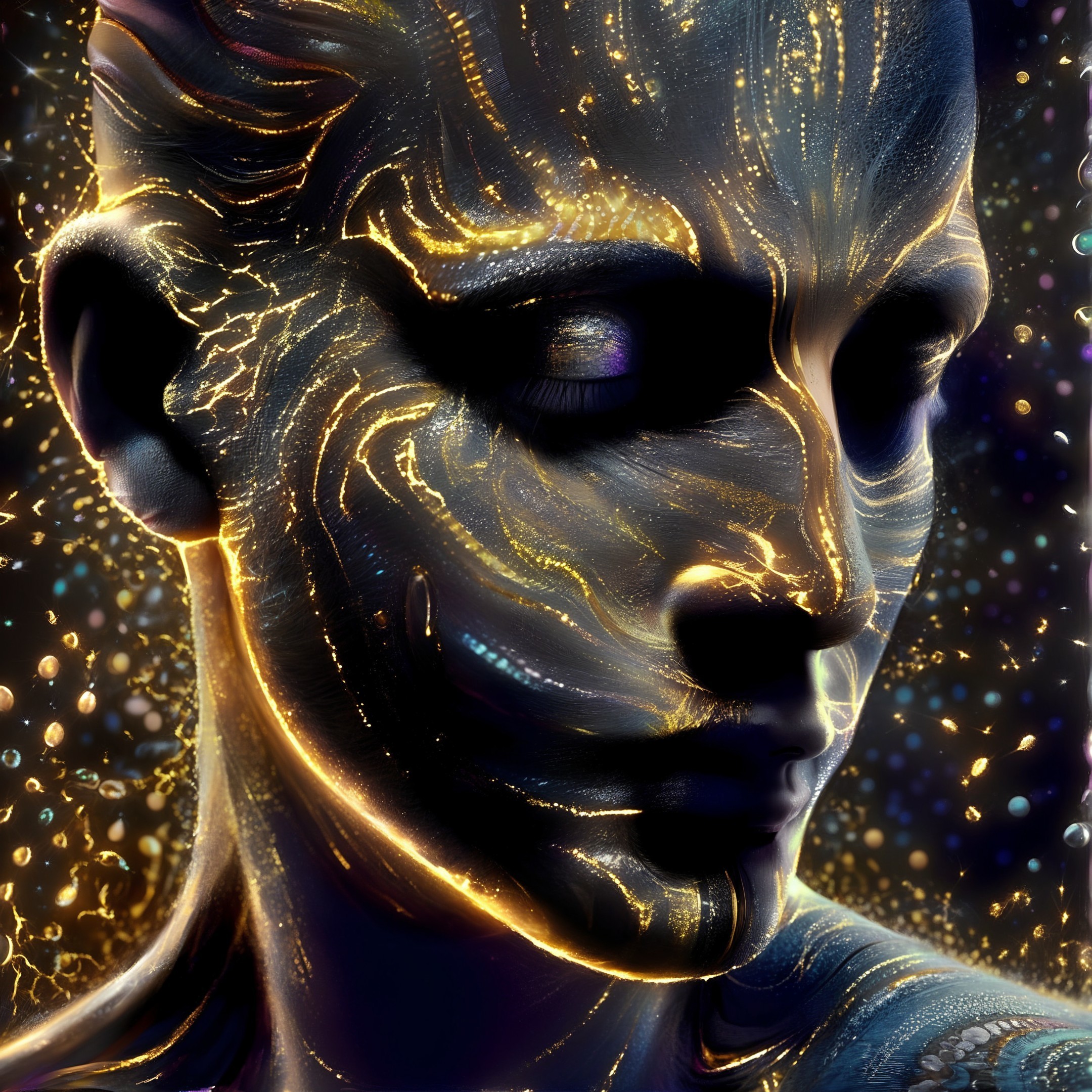 Close-up of a female figure with glowing cosmic designs