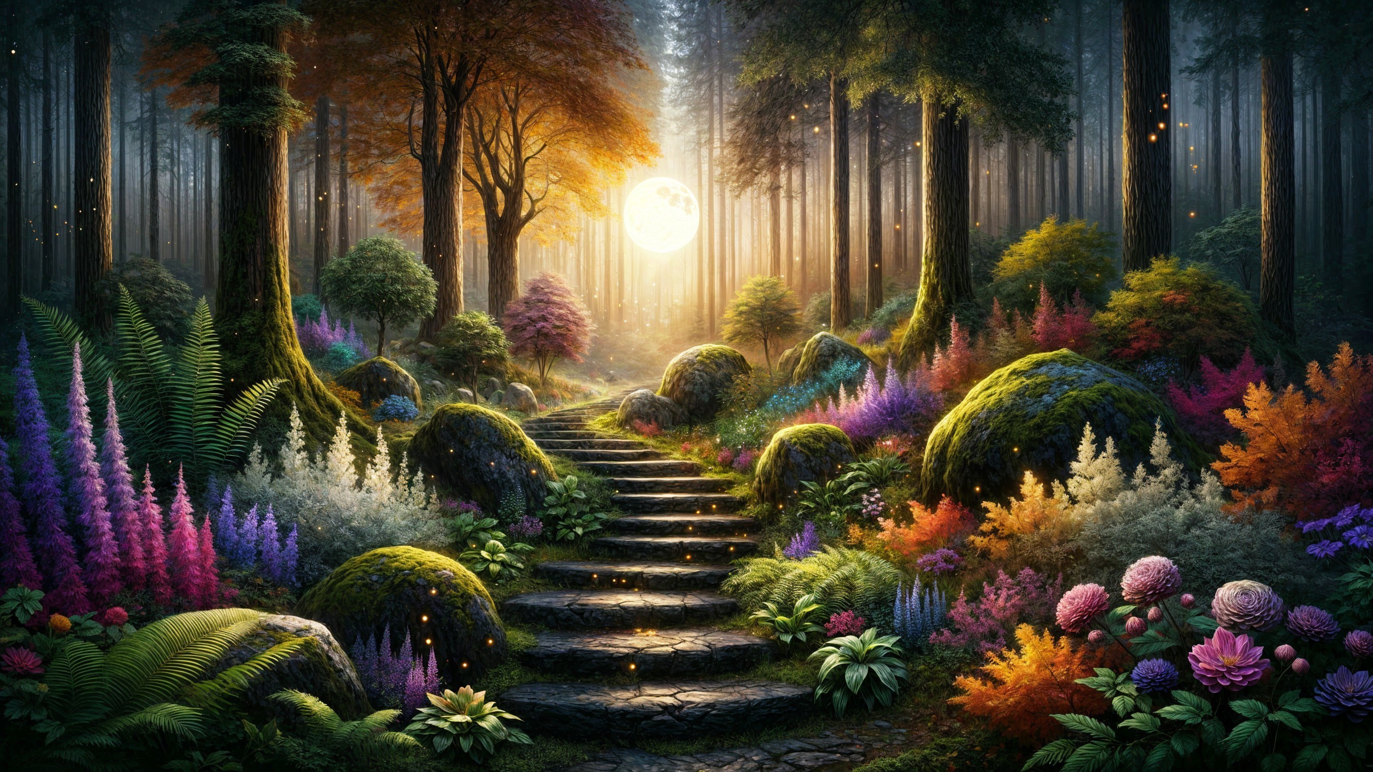 Serene Forest Path Surrounded by Vibrant Flora