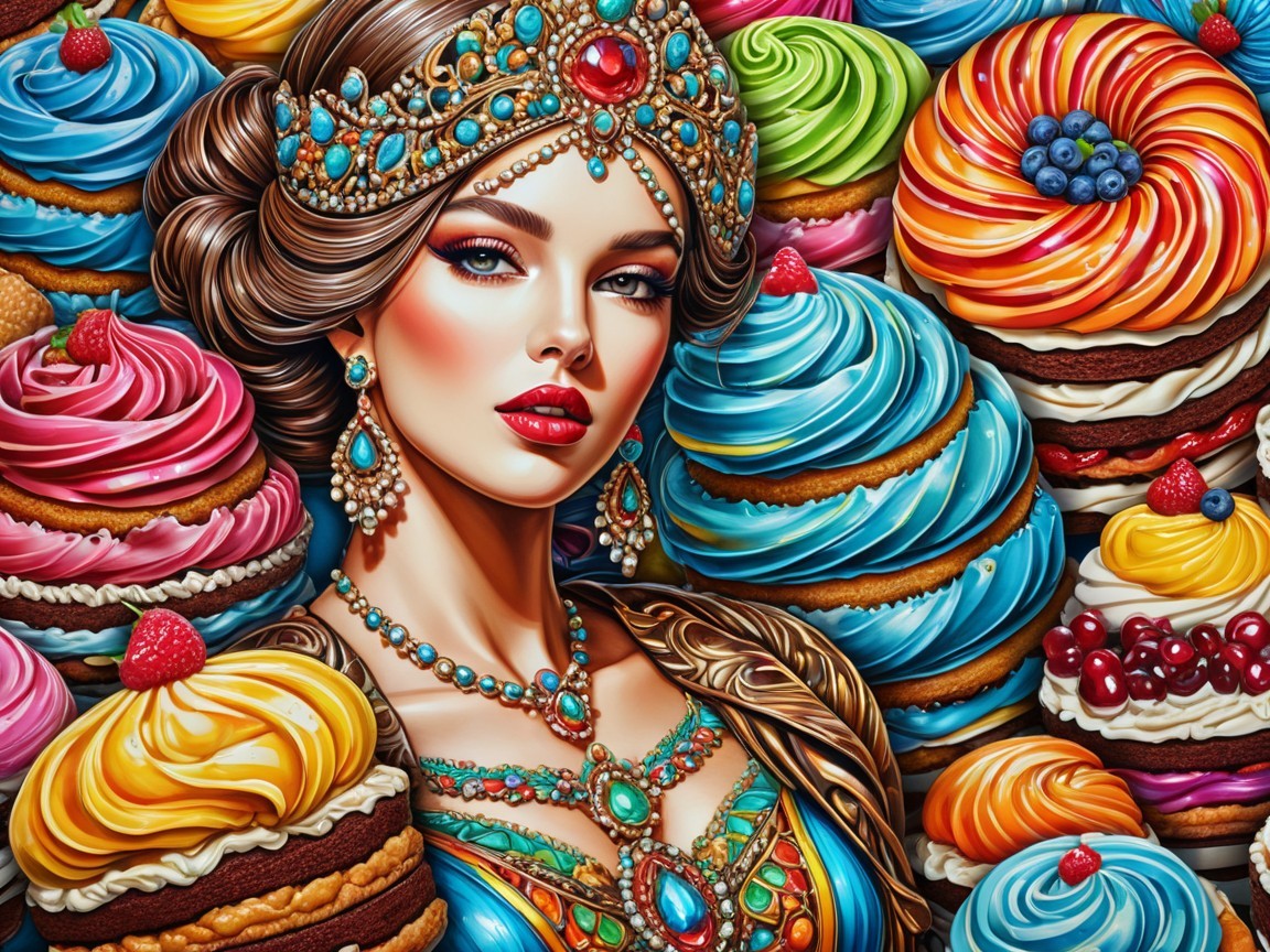 Regal Woman Surrounded by Colorful Desserts