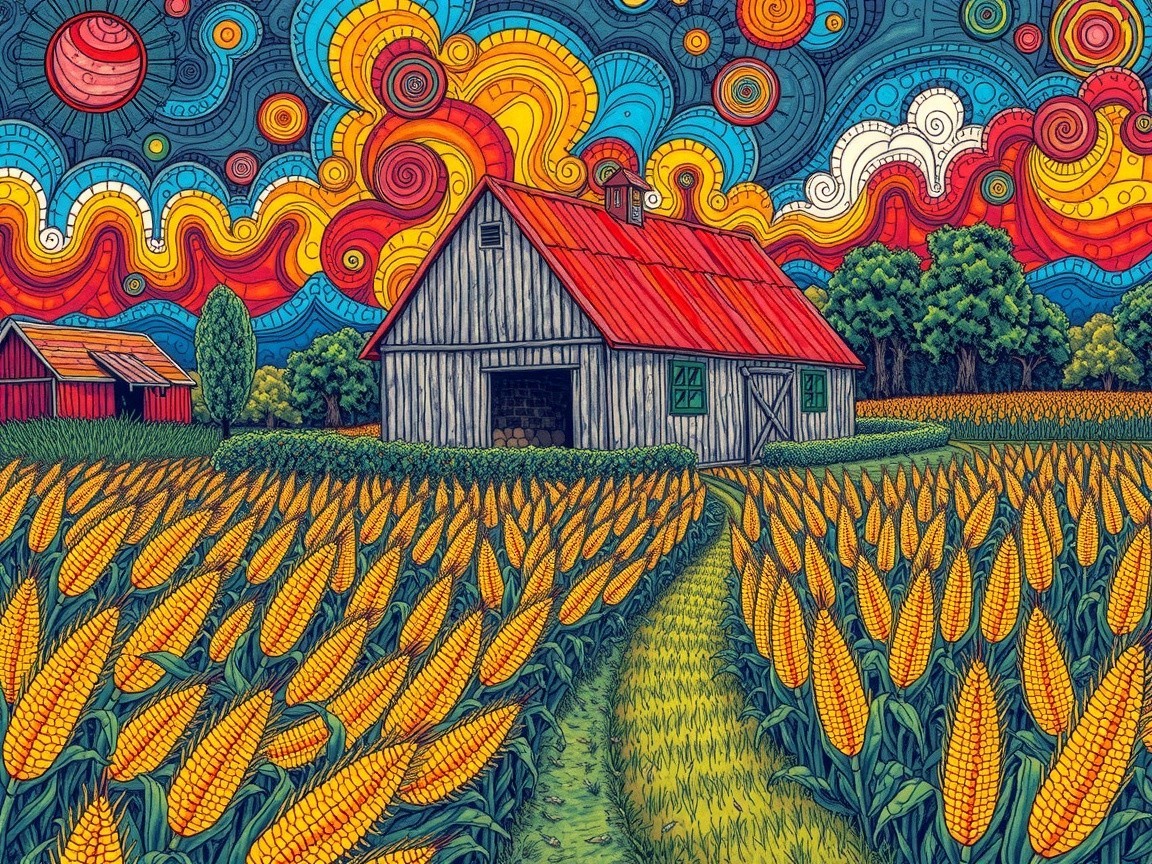 Vibrant Rural Scene with Barn and Corn Field