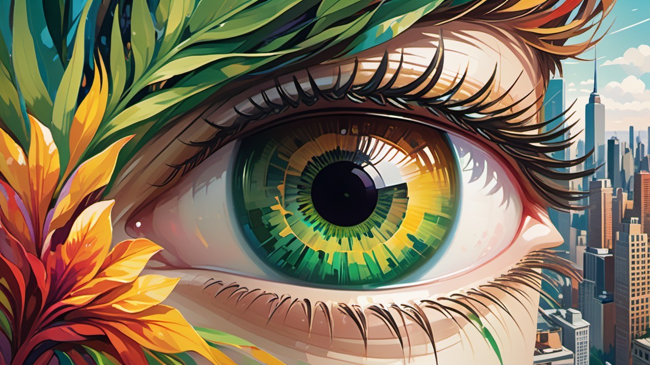 Close-up of a detailed eye with nature and skyline elements