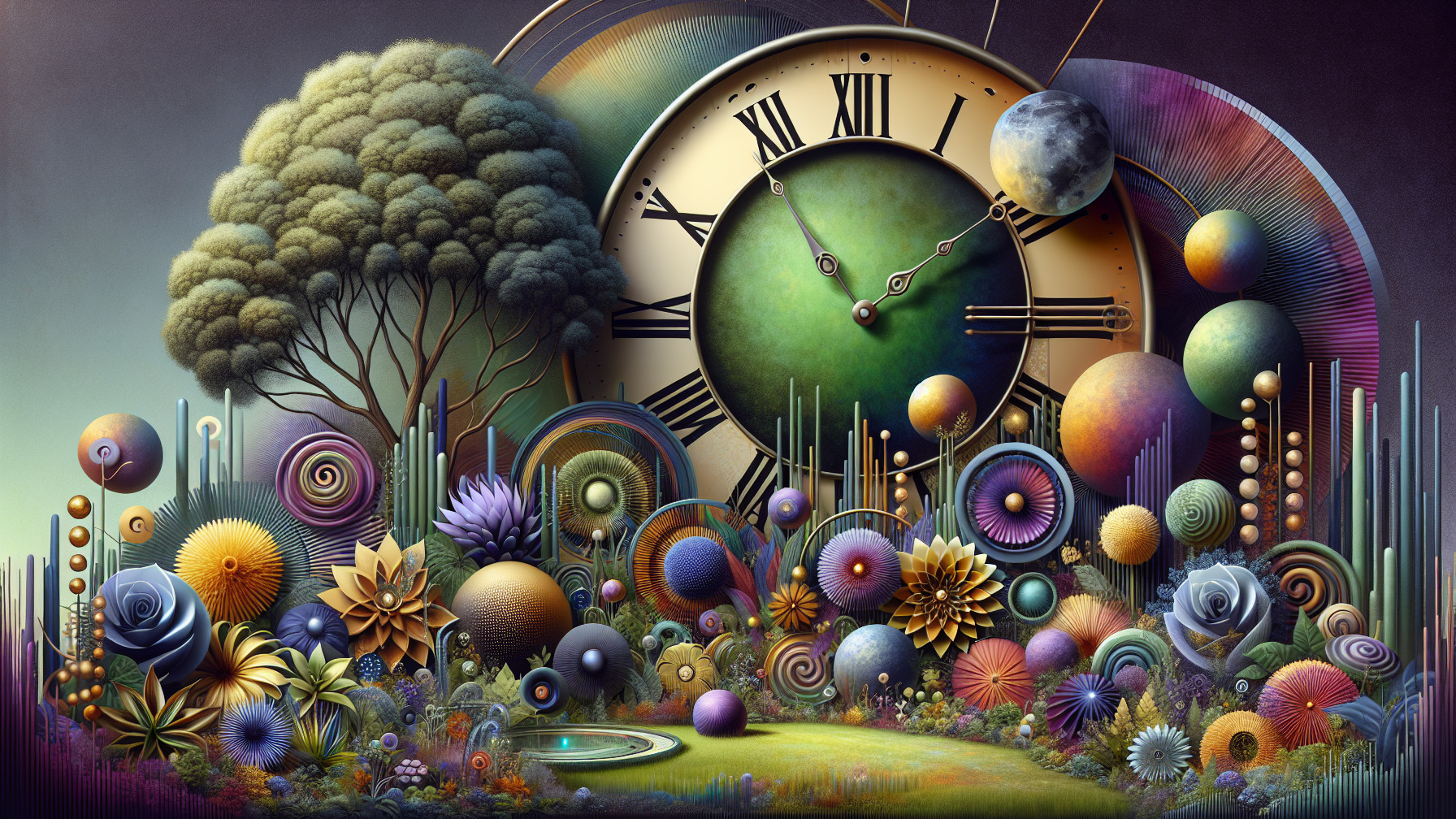 Surreal Landscape with Giant Clock and Vibrant Elements