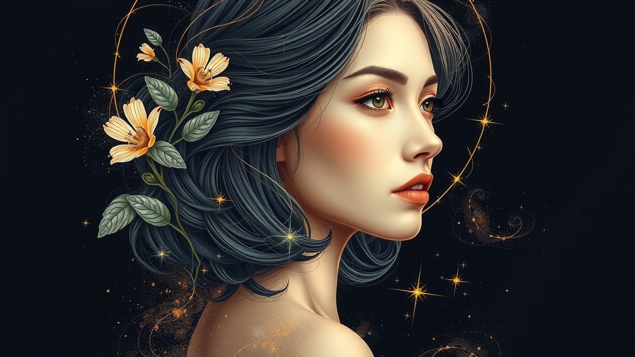 Ethereal Portrait of a Woman with Gray Hair and Flowers