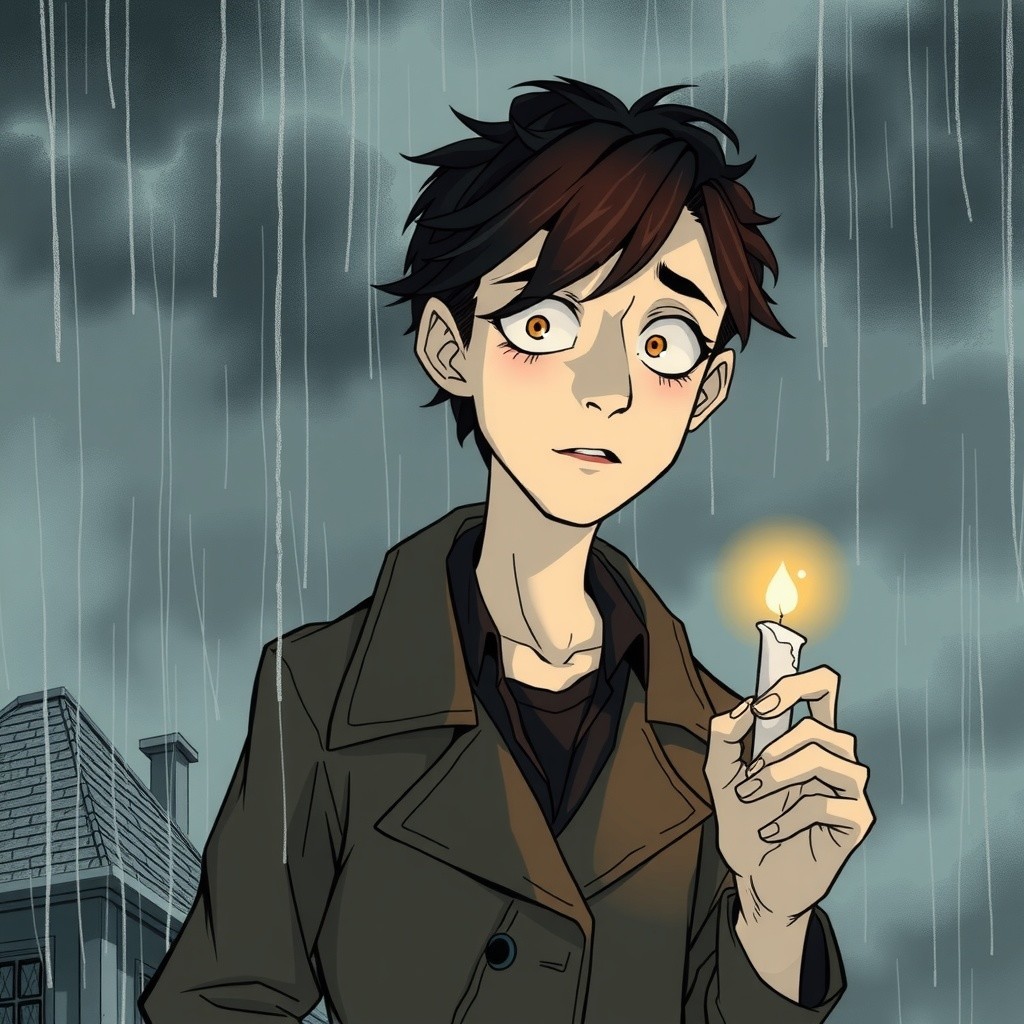 Young person with candle in rain outside dark house