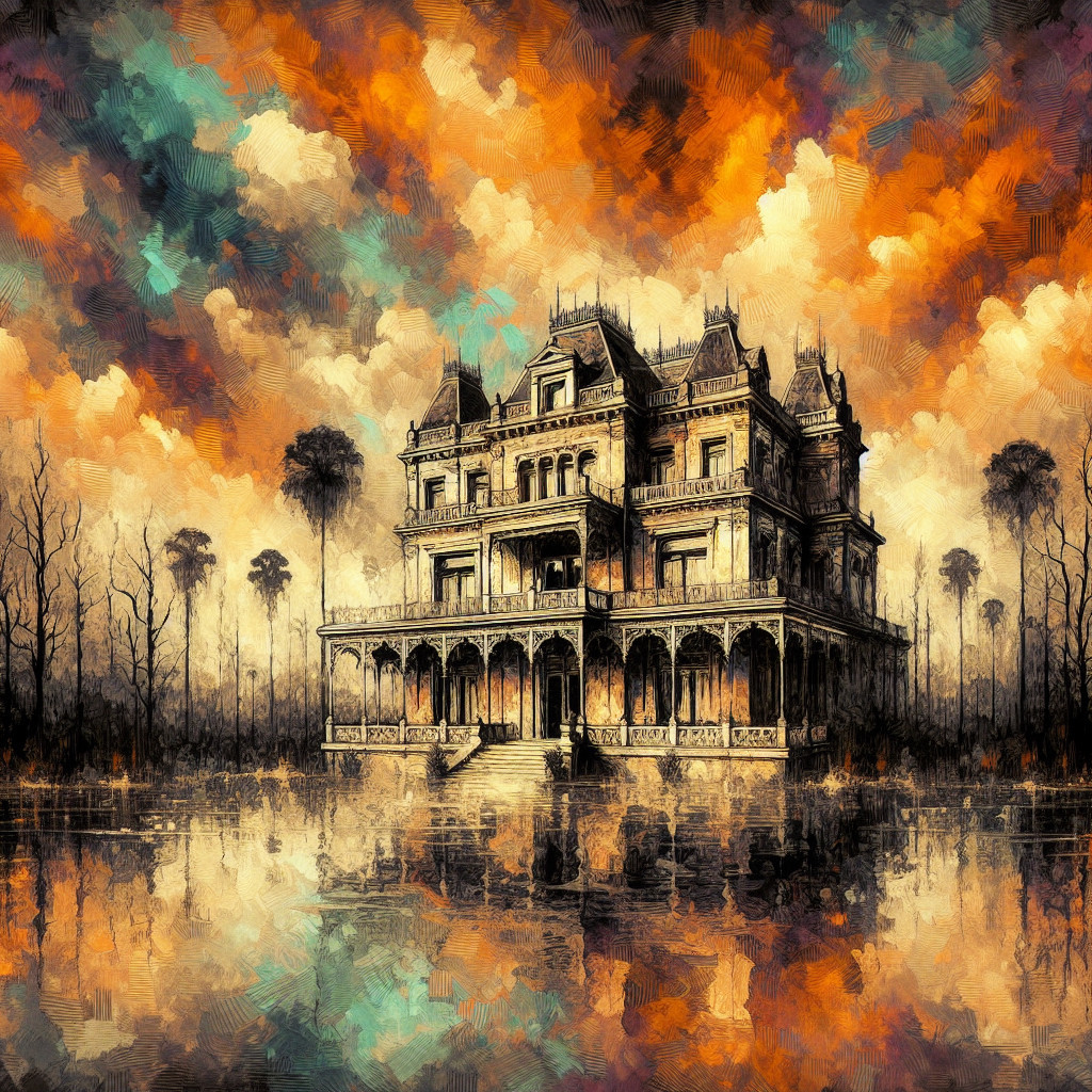 Grand Mansion with Dramatic Cloud Reflections
