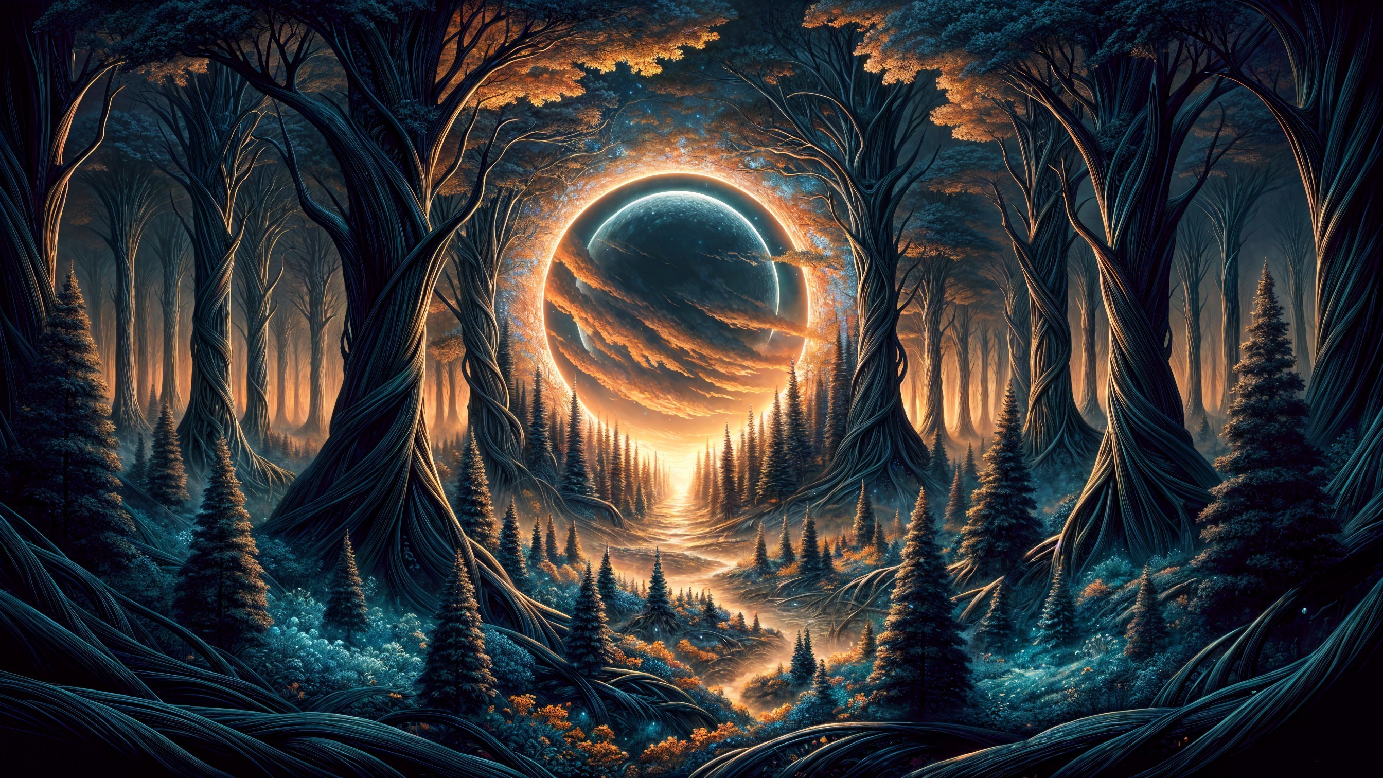 Mystical Forest with Ethereal Light and Cosmic Portal