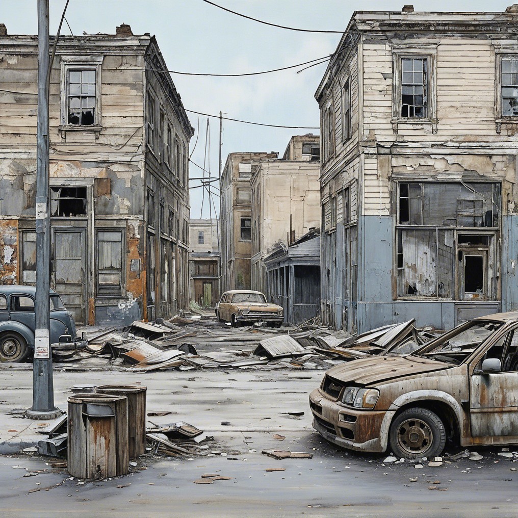 Desolate Urban Scene with Crumbling Buildings and Debris