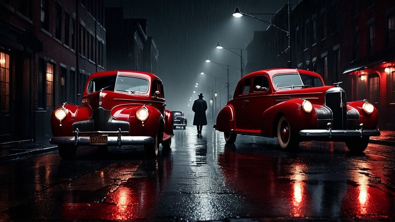 Red Classic Cars on Rainy Street with Noir Atmosphere