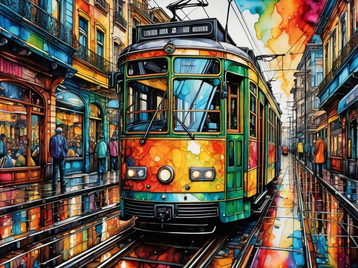 Vibrant Urban Street Scene with Colorful Tram and Reflections