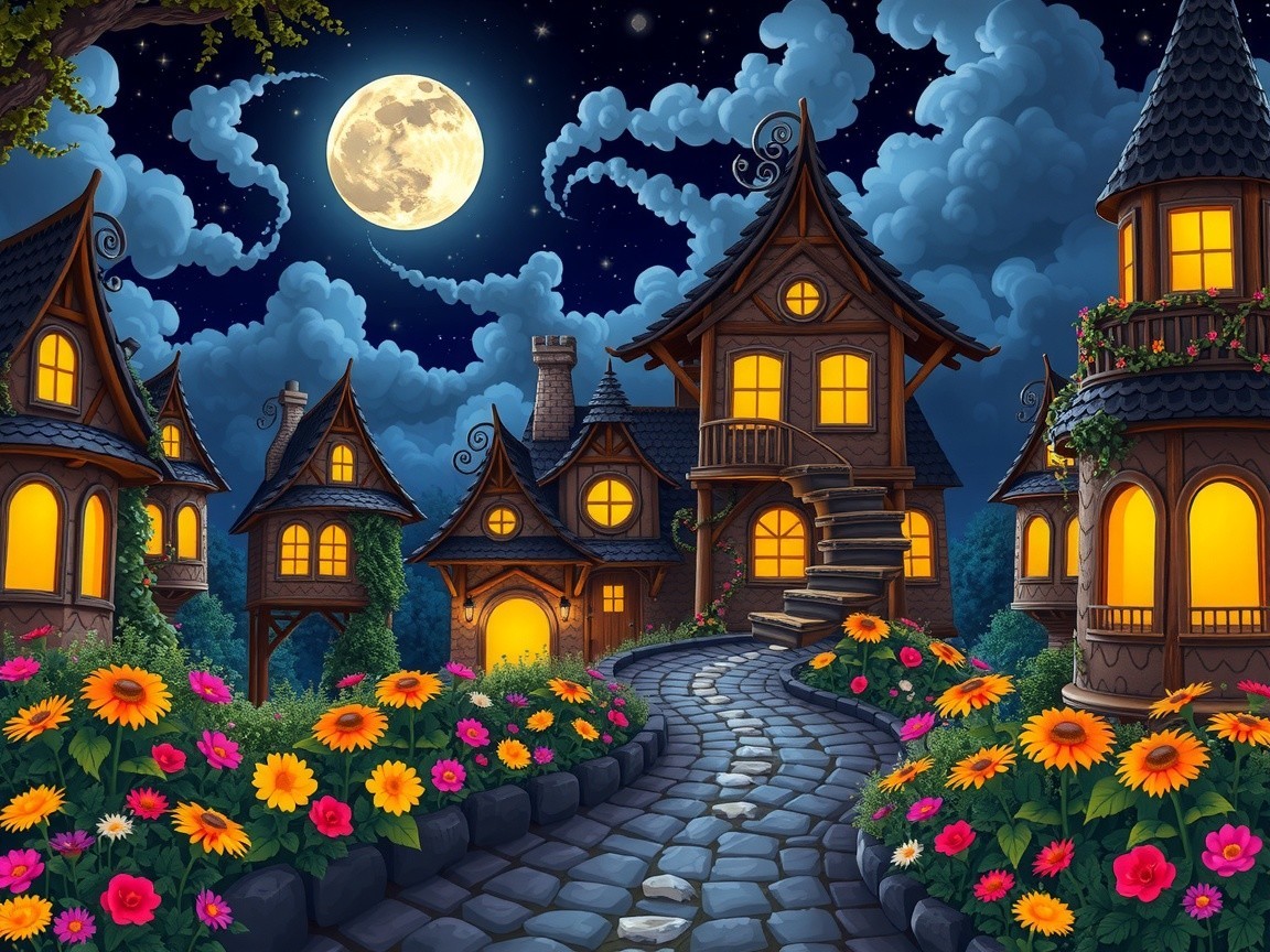 Whimsical Nighttime Village with Unique Houses and Gardens